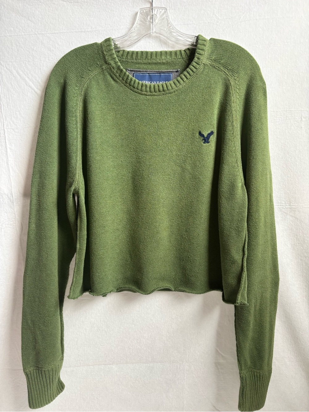 American Eagle Olive Green Crewneck Sweater M Distressed Hem & Cuffs